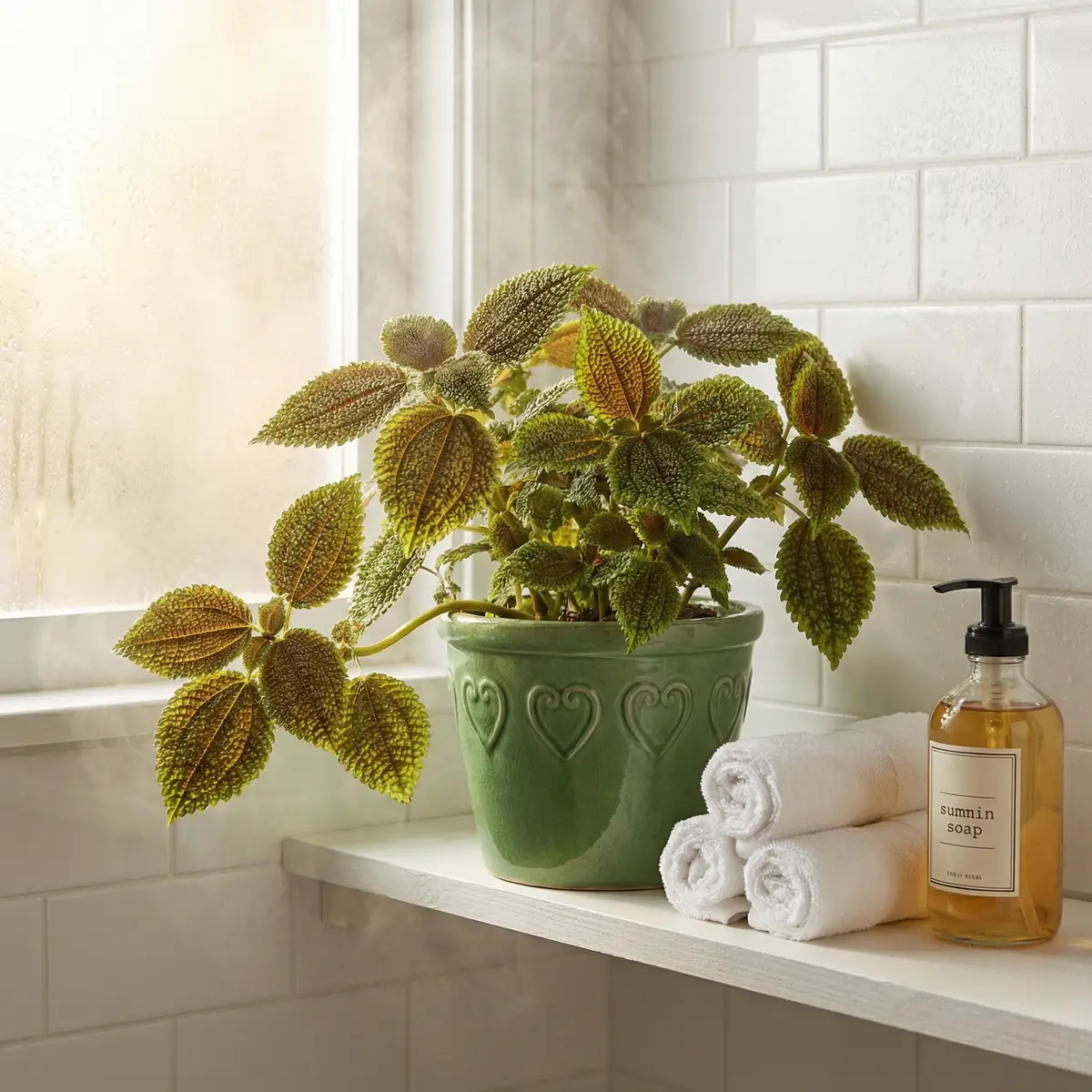 Friendship Plant displayed in a humid bathroom setting with grouped plants