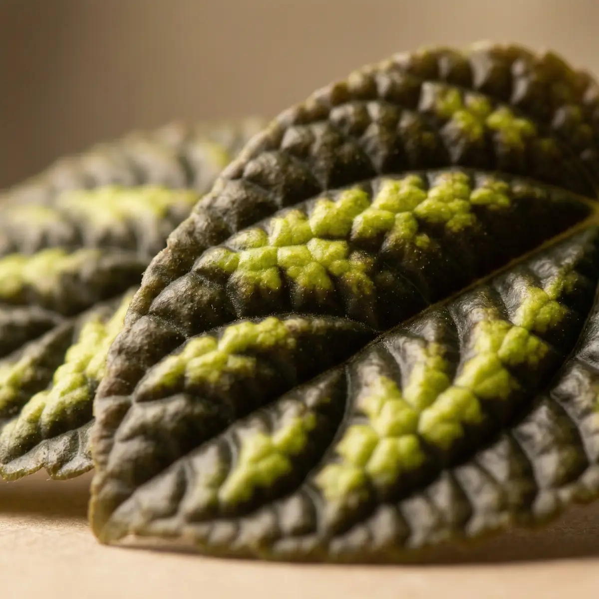 Extreme macro close-up of the crater-like Moon Valley texture on Pilea involucrata leaves