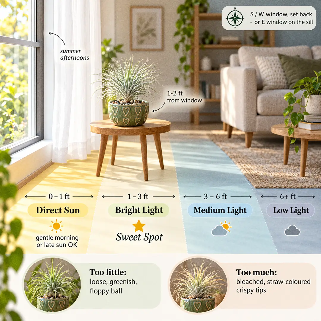 An illustrated light guide showing a Fuchsii Air Plant in a green ceramic pot with a heart motif placed 1-2 feet from a sunny south or west window, with labelled zones for direct sun, bright light sweet spot, medium, and low light, a note that gentle morning or late-afternoon sun is fine, and small symptom icons for a loose greenish ball in low light and bleached crispy tips in hot sun