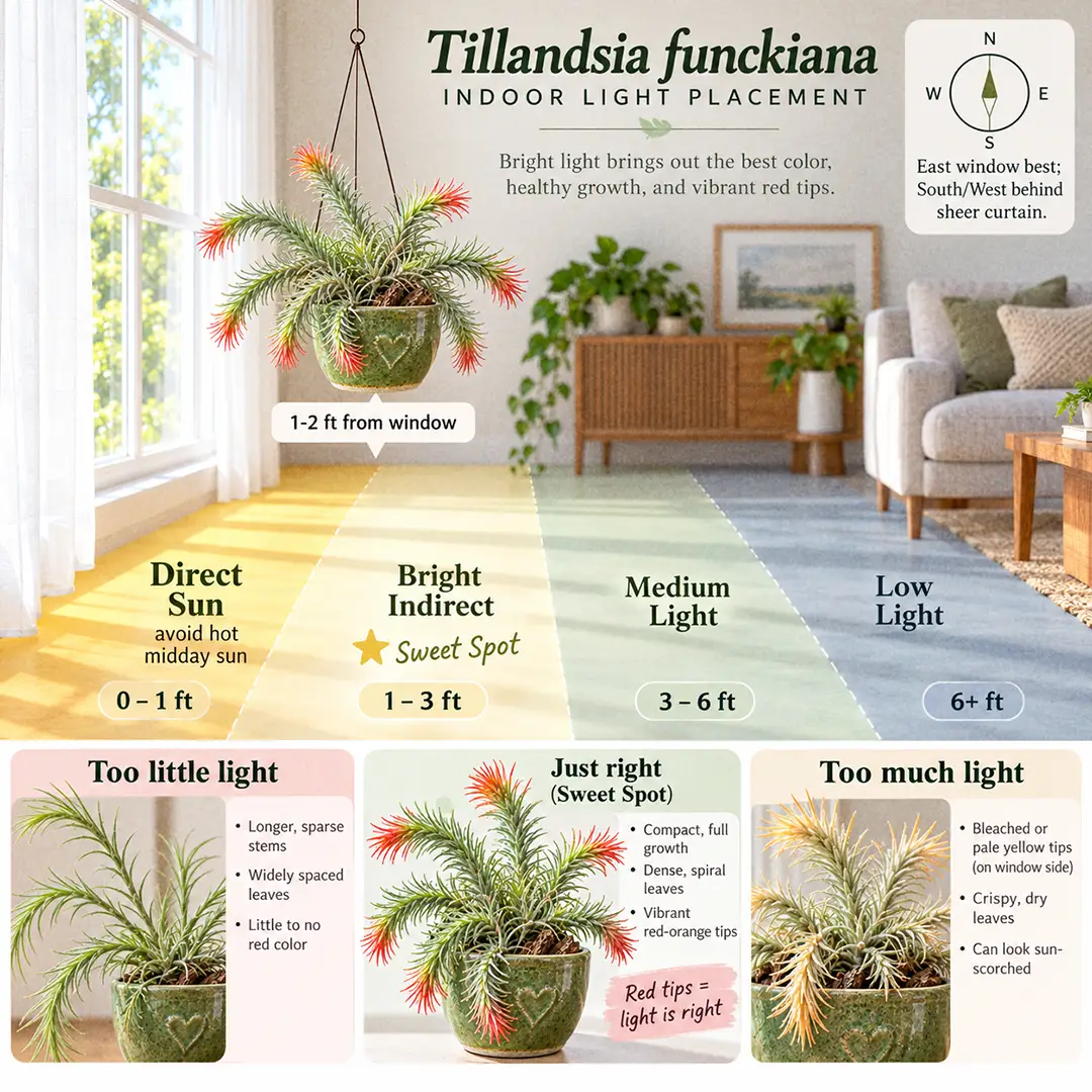 An illustrated light guide showing a Funkiana Air Plant in a green ceramic pot with a heart motif hanging 1-2 feet from an east window behind a sheer curtain, with labelled zones for direct sun, a bright indirect sweet spot, medium, and low light, a compass marking east as best, and small symptom icons for stretched green stems and bleached scorched needles