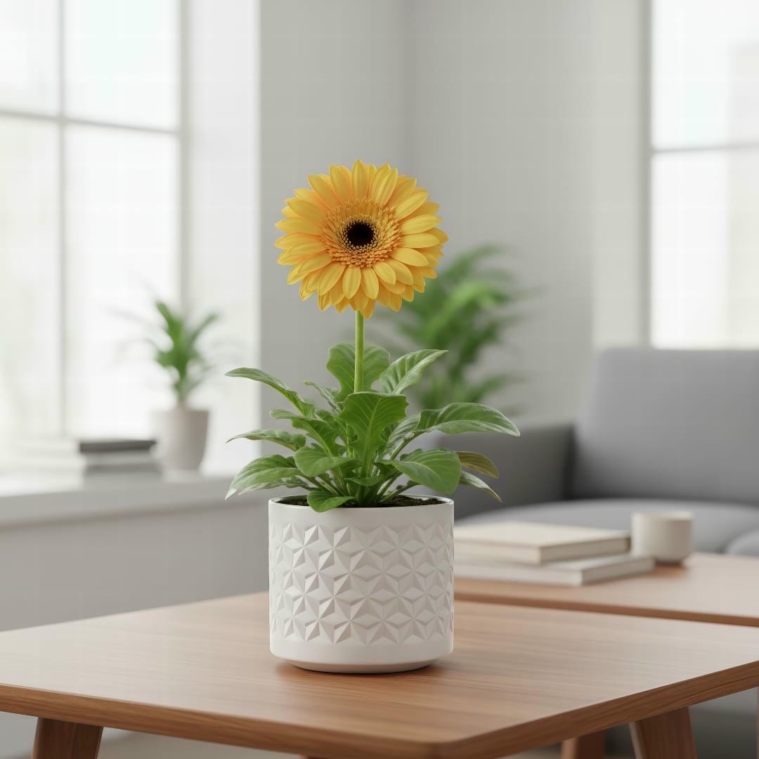 A single Gerbera daisy with a cheerful yellow flower in a decorative pot on a table.