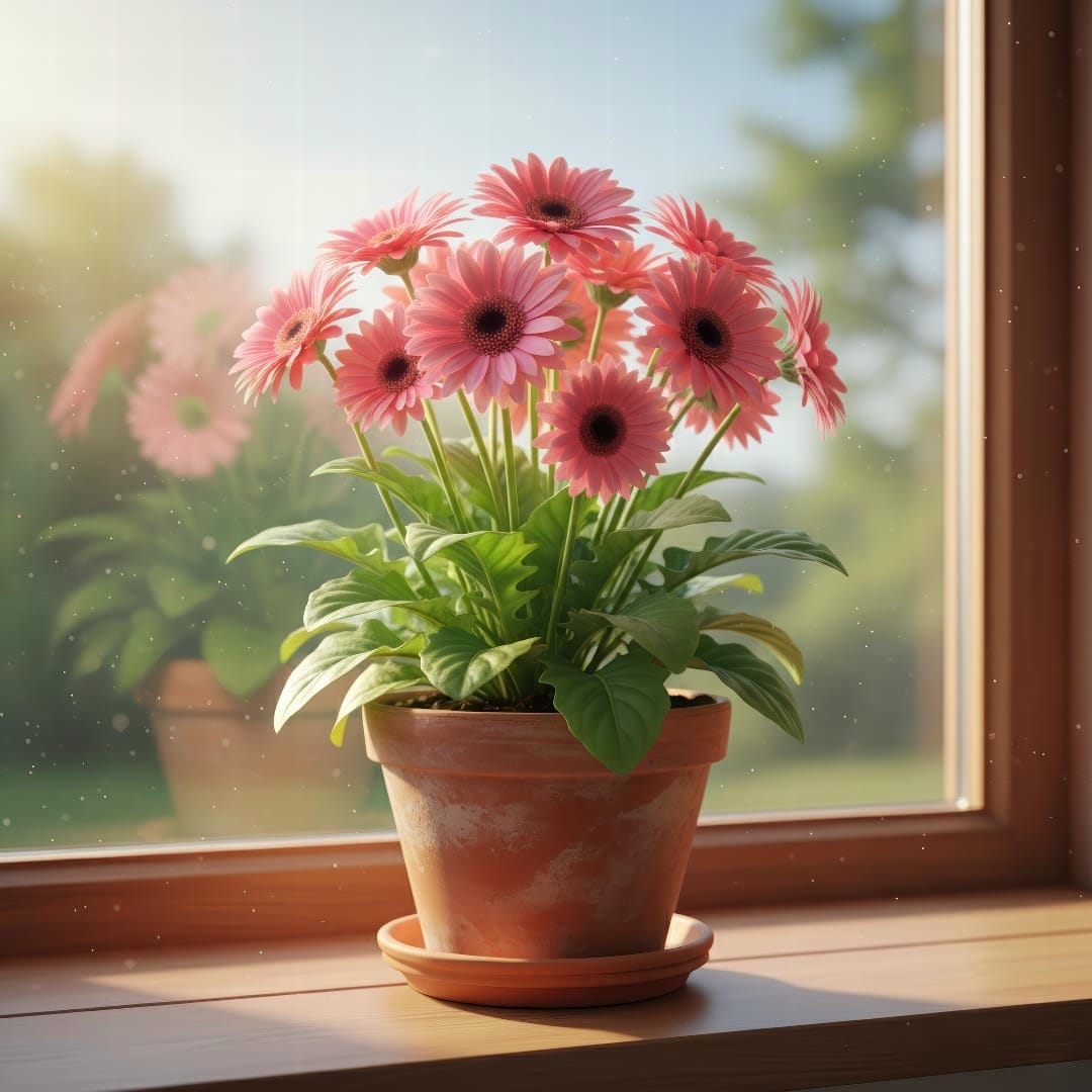 A healthy Gerbera daisy with bright pink flowers sitting on a sunny windowsill