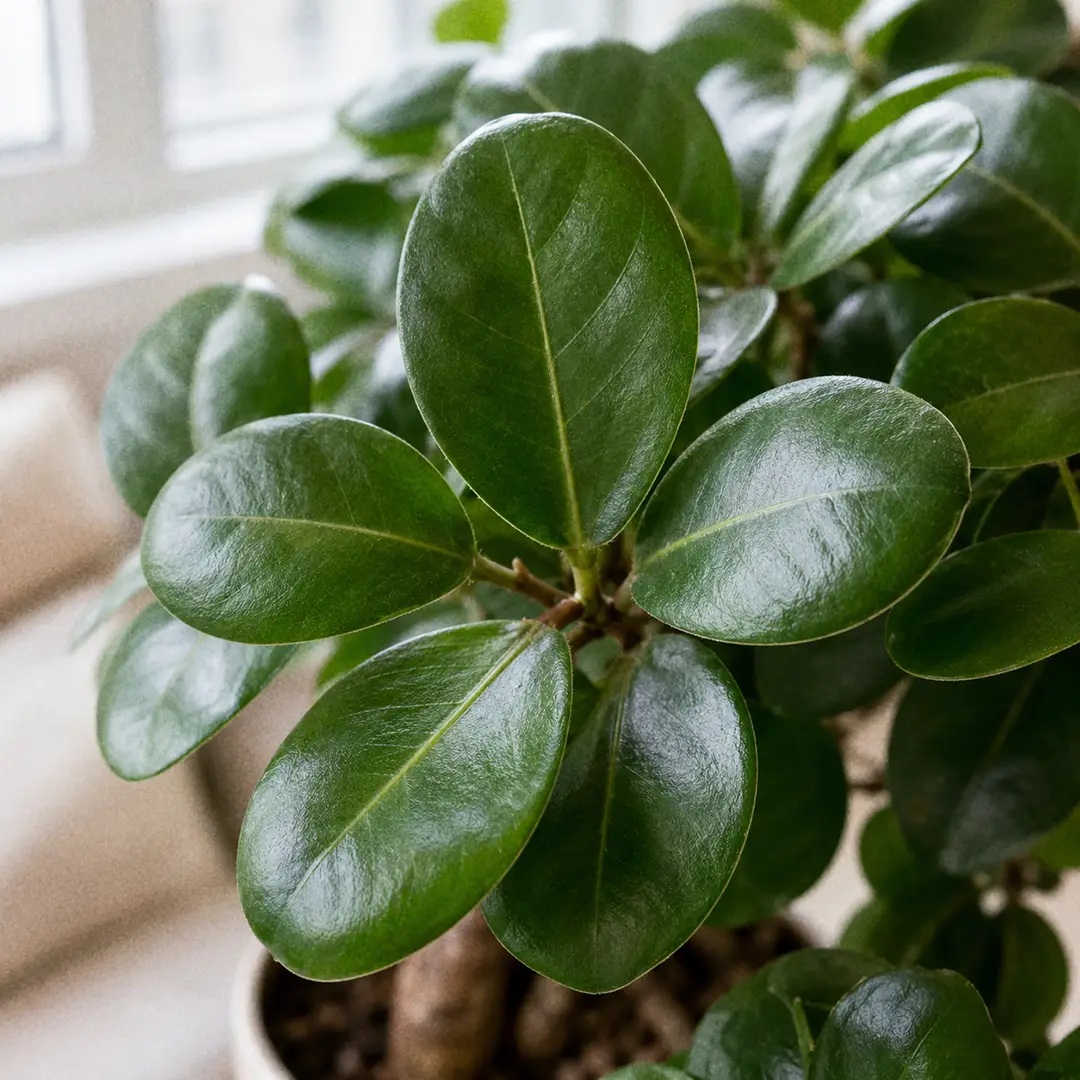 A macro close-up of glossy dark green oval Ginseng Ficus leaves with pale veins, showing the smooth waxy leaf surface and rounded tips