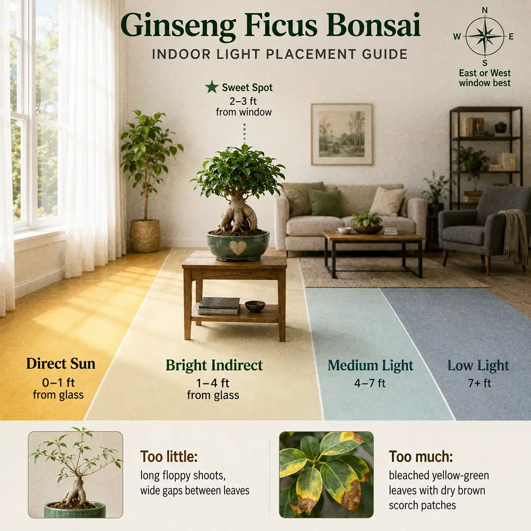 An infographic showing where to place a Ginseng Ficus bonsai indoors, with light zones marked out from a window and the tree in its ideal sweet spot two to three feet from the glass