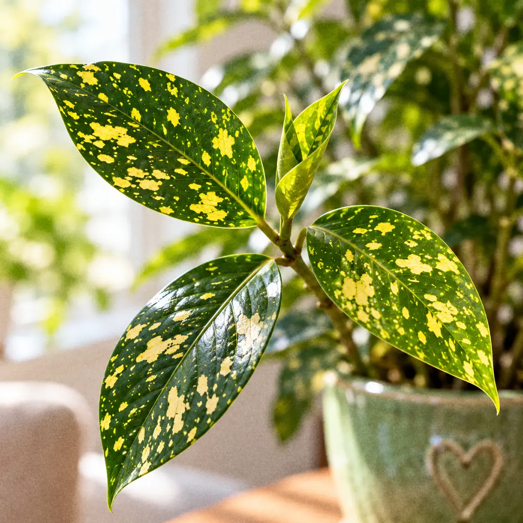 A macro close-up of glossy oval Gold Dust Dracaena leaves on a thin wiry stem, showing dense gold and cream speckles on deep green and a newly unfurling leaf rolled into a narrow cone