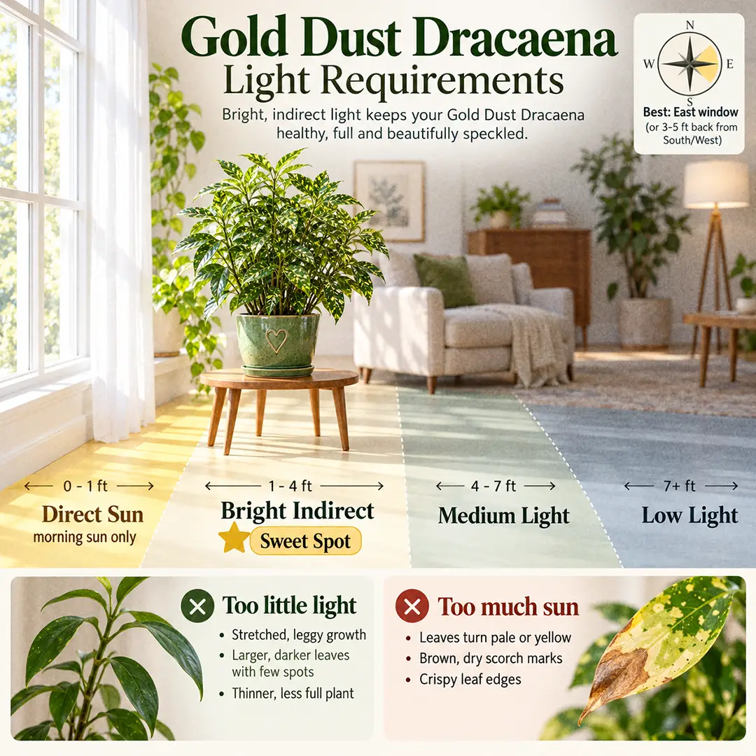 A labeled light guide diagram showing where to place a Gold Dust Dracaena indoors, with direct sun, bright indirect, medium and low light zones marked from an east-facing window and the sweet spot marked about 1-3 feet from the glass