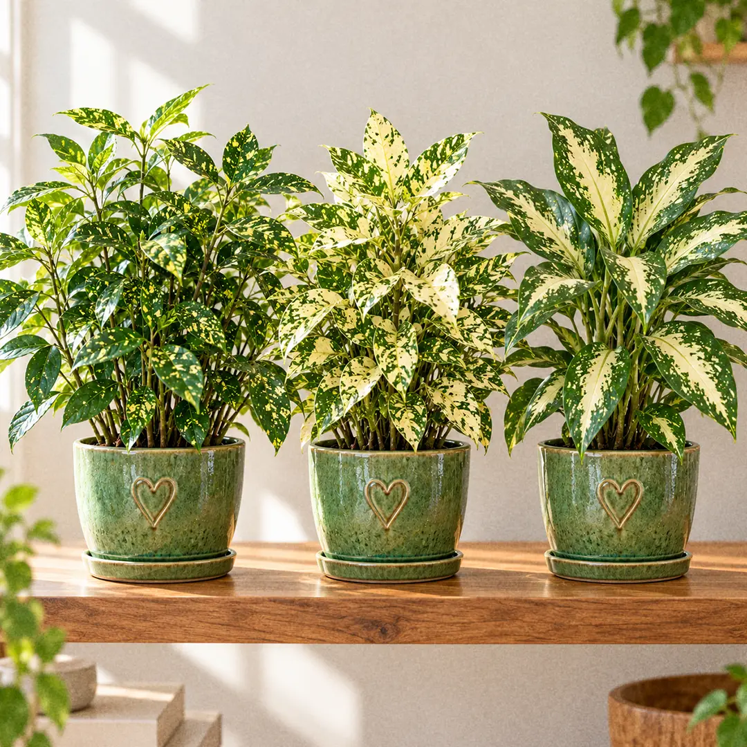 Three Gold Dust Dracaena forms side by side in matching green ceramic pots with heart motifs: the standard species with scattered gold spots, Florida Beauty with heavily cream-blotched leaves, and Milky Way with a pale central leaf band