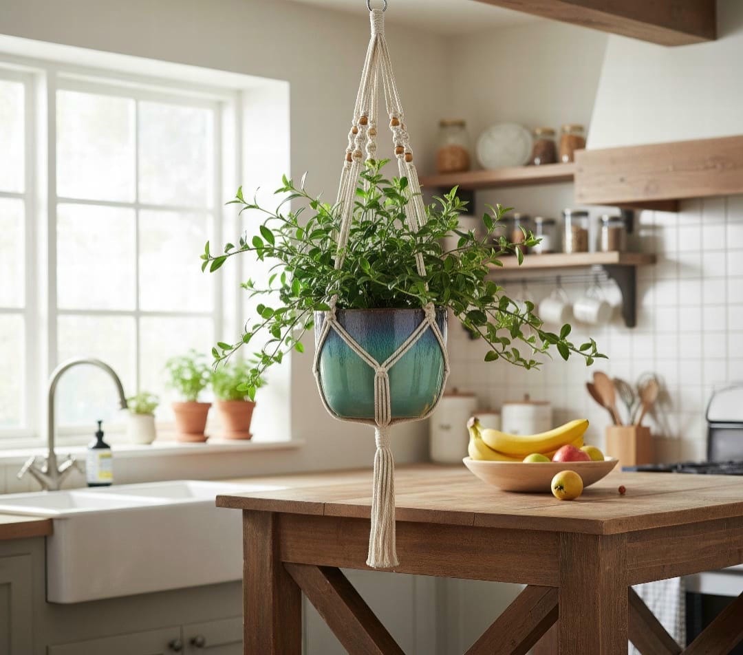 A lush and full Goldfish Plant trailing beautifully from a decorative hanging basket