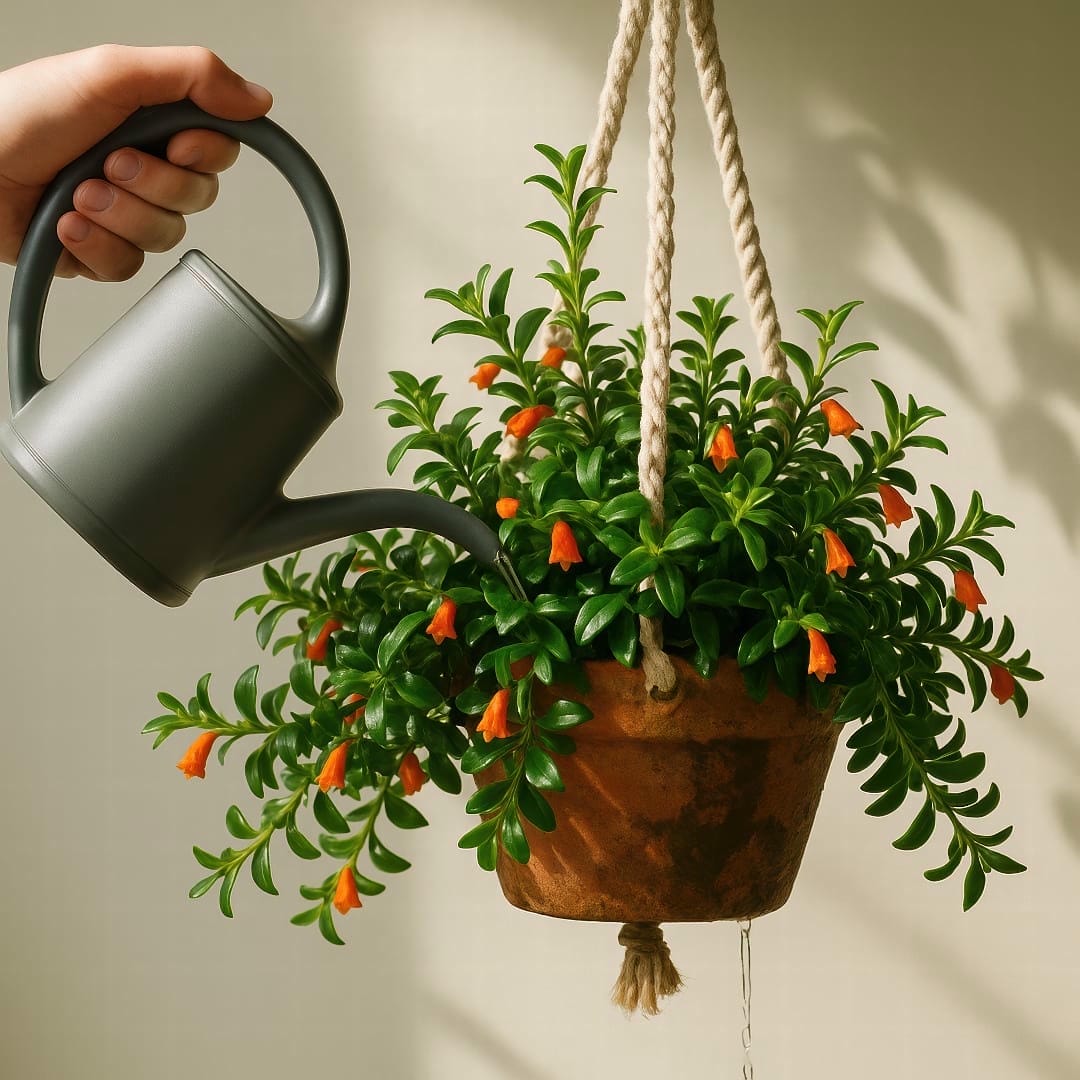 A person watering a Goldfish Plant in a hanging basket, showing water draining from the bottom