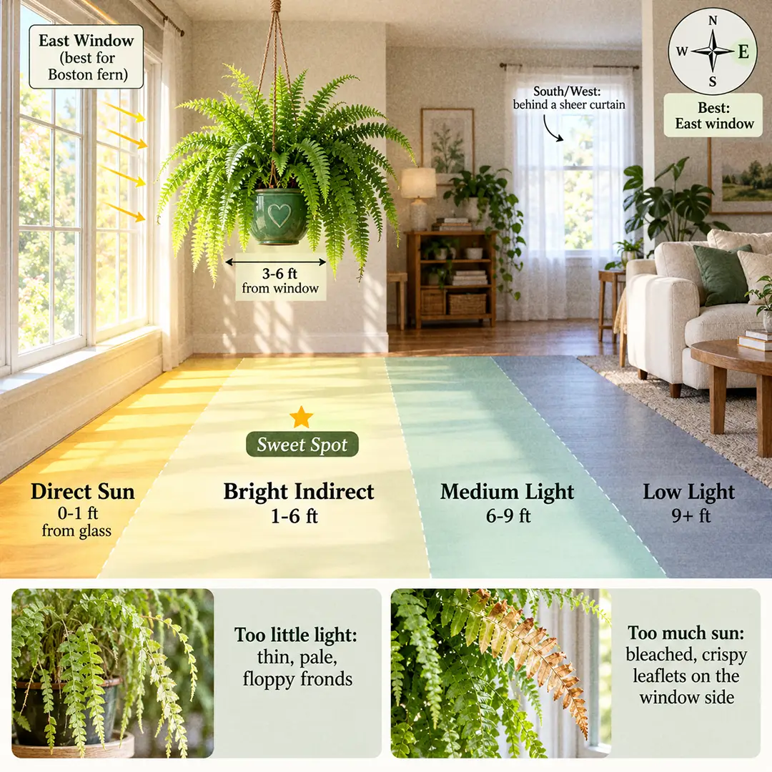 A labeled light guide diagram showing a Green Lady Boston fern hanging 3 to 6 feet from an east-facing window, with direct sun, bright indirect, medium and low light zones marked and the bright indirect sweet spot marked with a star