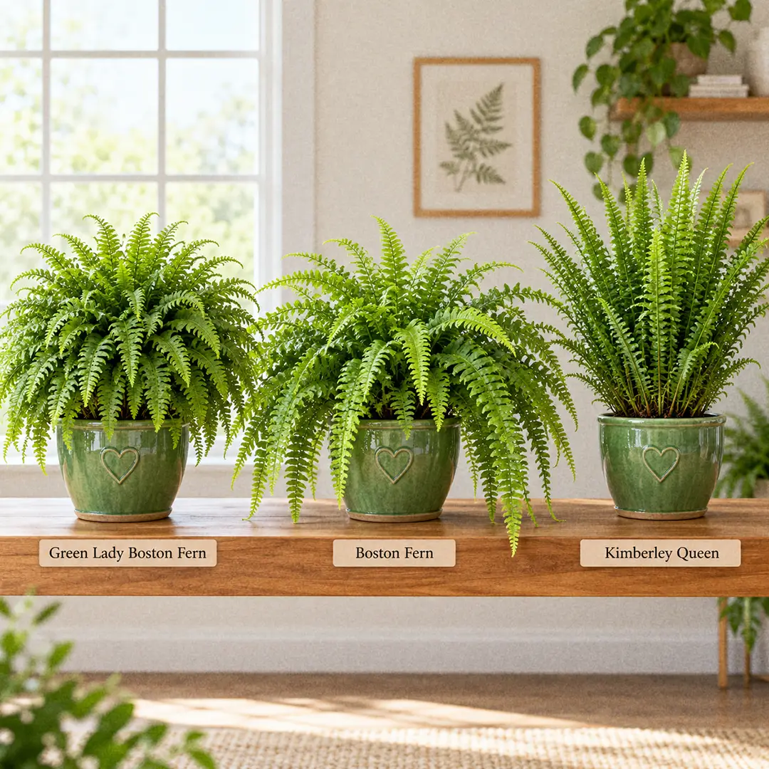 Three ferns side by side on a wooden shelf in matching green ceramic pots with heart motifs: a dense rounded Green Lady Boston fern, a looser flatter classic Boston fern with long drooping fronds, and a stiffer upright Kimberley Queen fern with narrow fronds