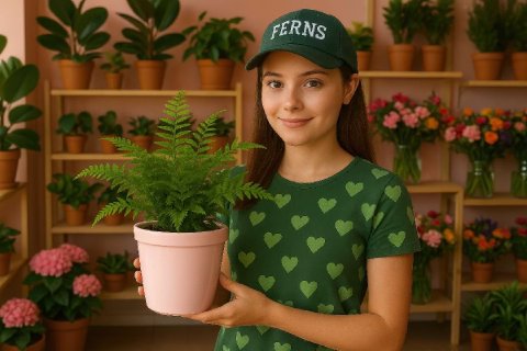 A person holding a lush Green Moment Fern in a pink pot.