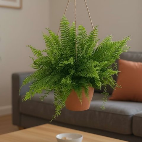 A Green Moment Fern thriving in a terracotta hanging basket in a living room.
