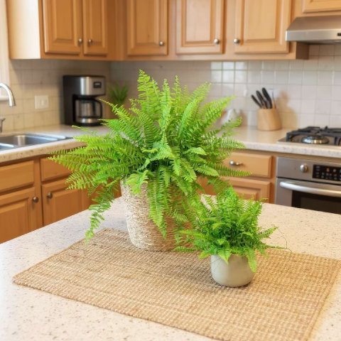 A large and small Green Moment Fern on a kitchen counter, benefiting from the ambient humidity.