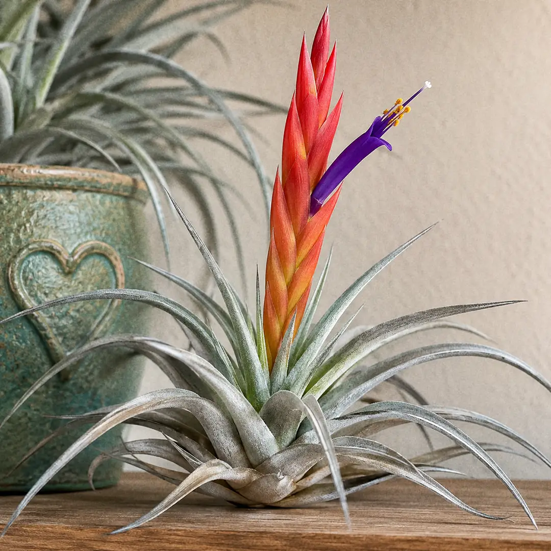 A close-up of a Harris's Air Plant in bloom, showing a slim upright spike with overlapping orange-red bracts and a violet-blue tubular flower opening from between them