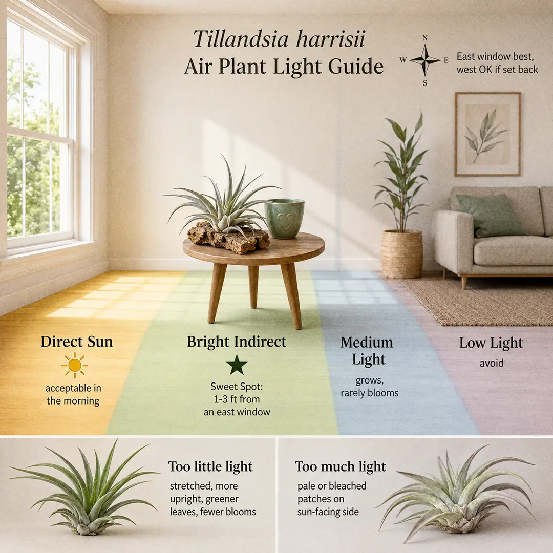 An infographic showing where to place a Harris's Air Plant indoors, with labelled light zones measured from an east-facing window and the plant marked in its sweet spot two feet from the glass
