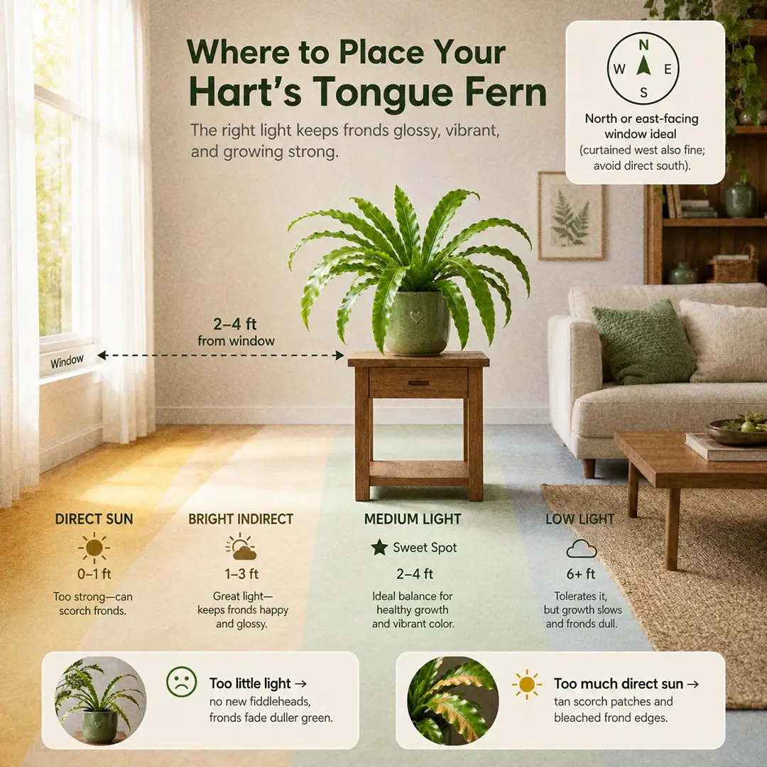 A square labeled light-zone diagram showing a Hart's Tongue Fern placed in the sweet spot two to three feet from a north-facing window, with bright indirect, medium light, and low-light zones color-washed across the floor, a compass marker noting the north exposure, and small icons warning about leggy pale fronds in low light and crispy scorched edges in direct sun
