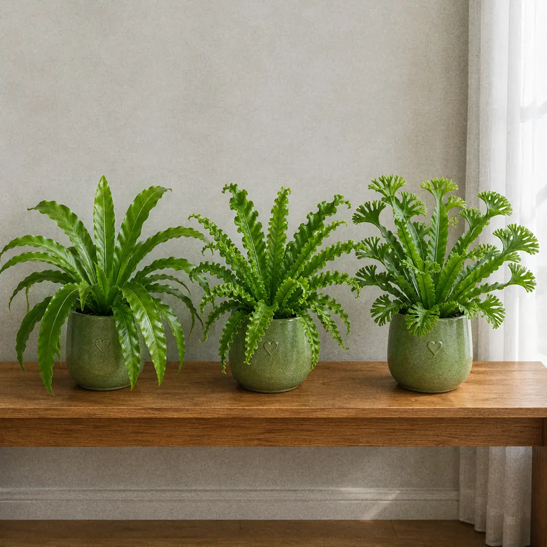 A side-by-side comparison of three Hart's Tongue Fern cultivars in matching green ceramic pots with a heart motif: the wild green strap form on the left, the wavy-edged Crispa in the middle, and the deeply forked crested Cristatum on the right, on a wooden shelf in soft indirect daylight