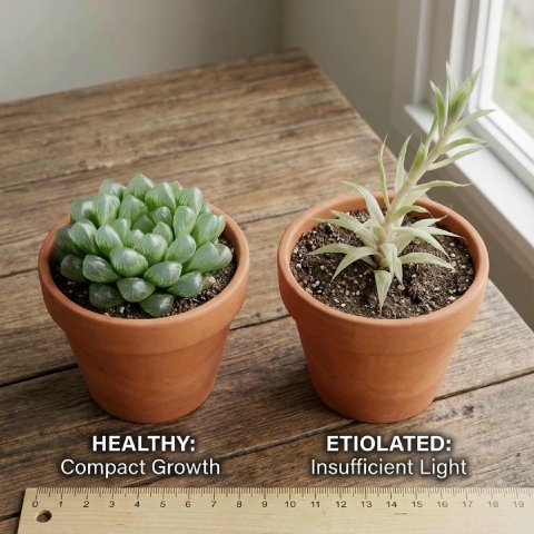 Comparison showing a healthy compact Haworthia versus a stretched, etiolated one