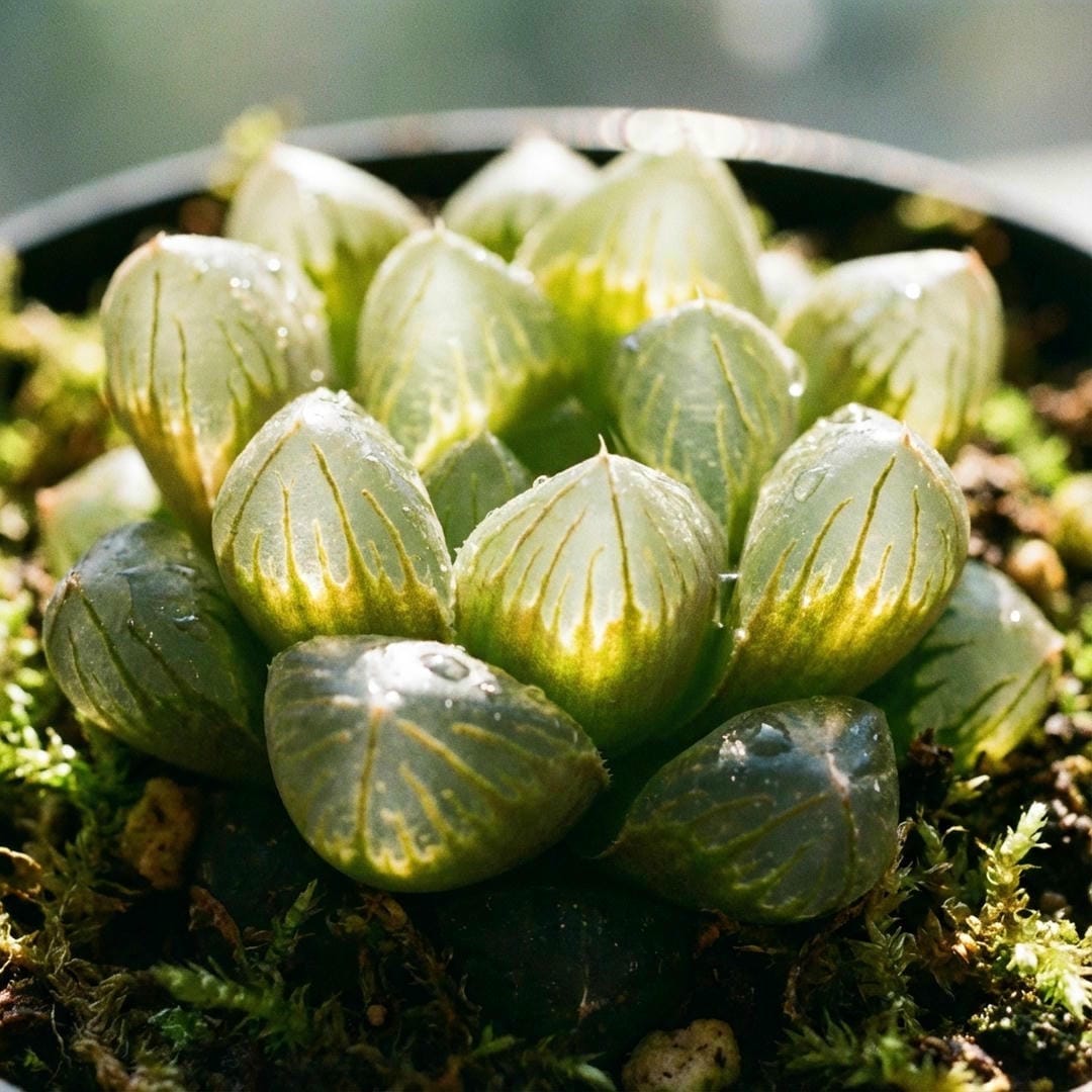 Macro shot showing light shining through the transparent leaf tips of a Haworthia cooperi