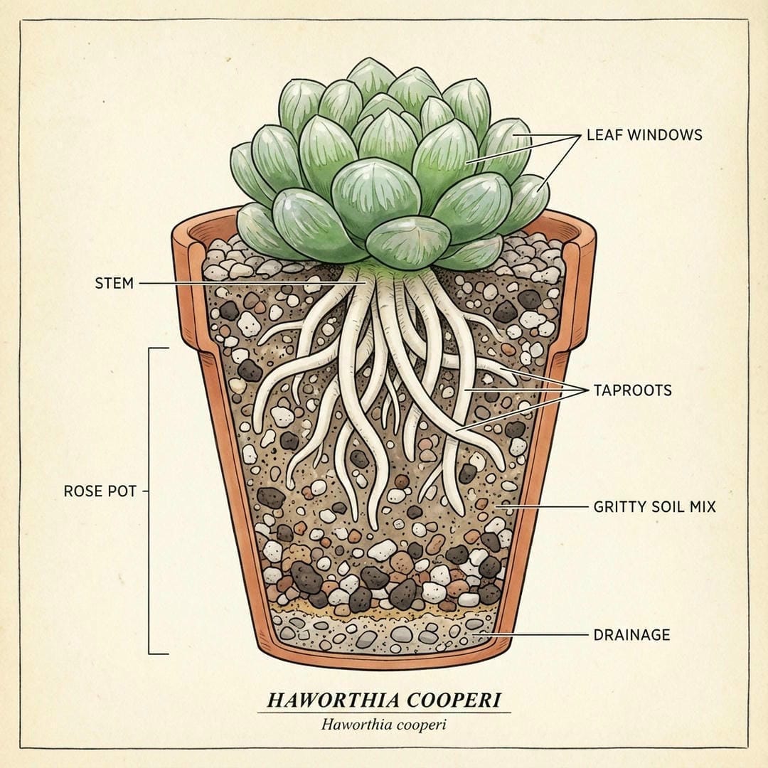 Diagram showing Haworthia taproots in deep pot with gritty soil