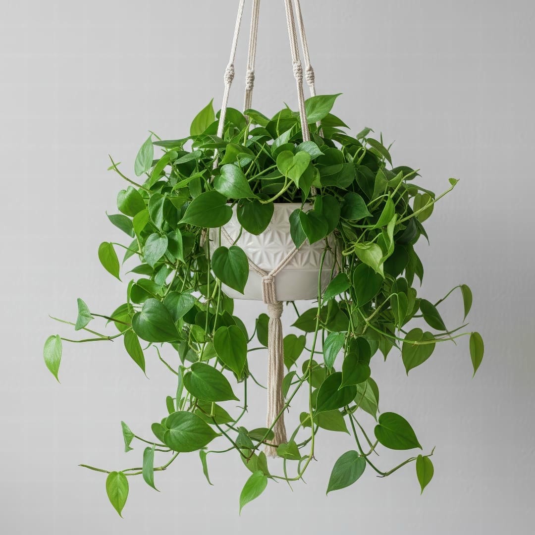 A lush and full Heart-leaf Philodendron in a white hanging basket against a clean background