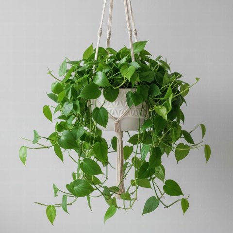 A lush and full Heart-leaf Philodendron in a white hanging basket against a clean background
