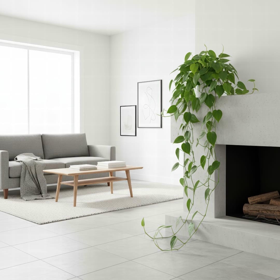 A Heart-leaf Philodendron with long, graceful vines trailing down from a high shelf