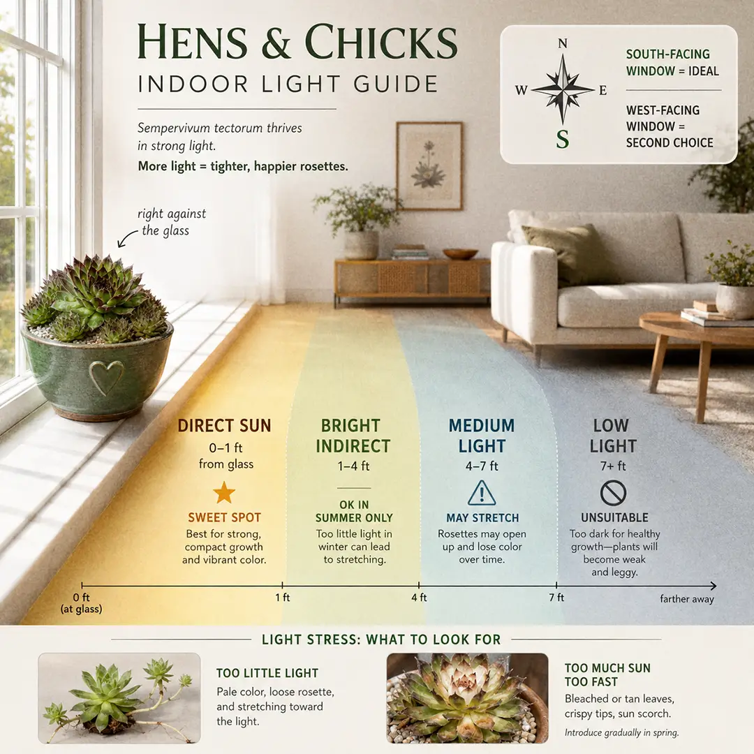 A labeled square light-zone diagram showing a Hens and Chicks plant in a green ceramic pot with a heart motif placed directly on a sunny south-facing windowsill in the direct sun zone marked as the sweet spot, with bright indirect, medium, and low light zones color-washed deeper into the room, a small compass marking south, and two small icons showing a pale stretched rosette from low light and a scorched rosette from a sudden summer move