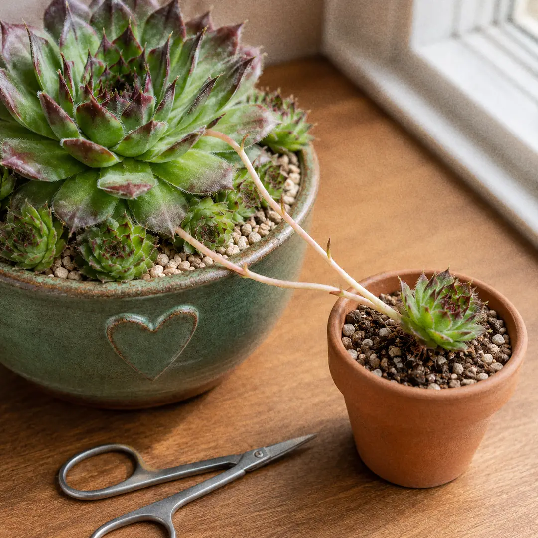 A macro close-up of a Hens and Chicks mother rosette with several small chicks attached to her by short pale runners called stolons, one chick already separated and resting on gritty succulent soil in a small terracotta pot beside fine-tipped scissors, soft window light