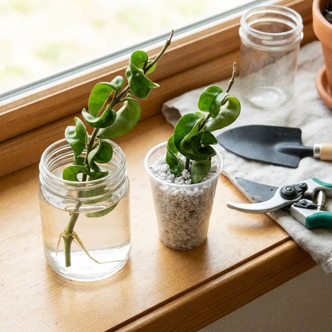 A Hindu Rope stem cutting with several curled leaves and one exposed node rooting in clear water beside another cutting set into damp perlite in a small nursery cup on a bright windowsill