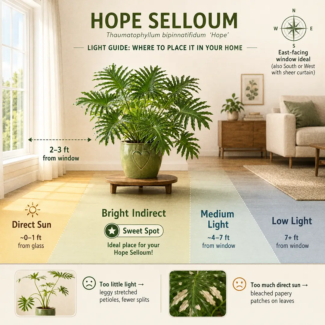 A labeled light-zone diagram showing a Hope Selloum placed in the bright indirect zone two to three feet from an east-facing window in a warm modern living room with sweet-spot, too-dark, and too-bright zones marked