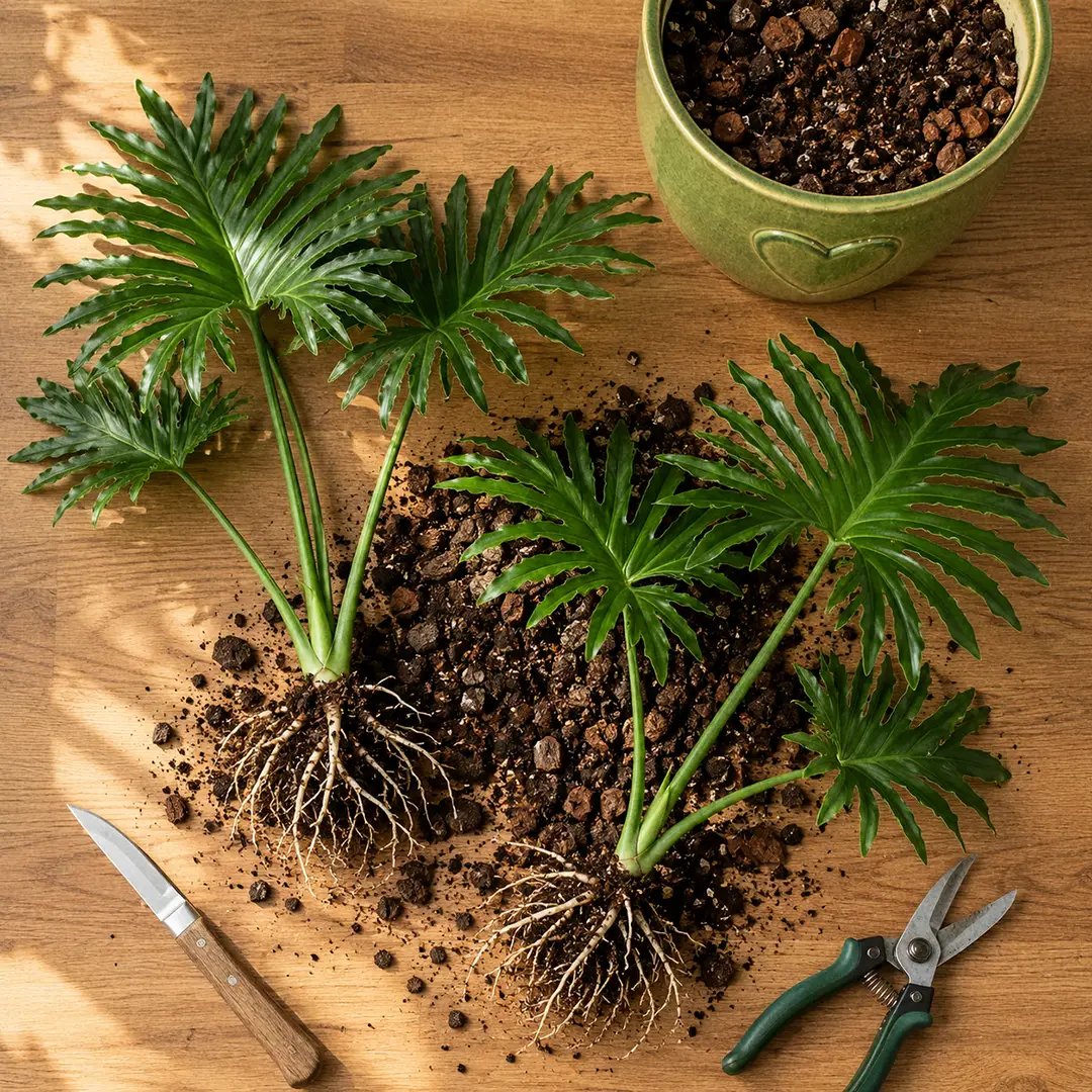 Top-down view of a divided Hope Selloum showing two healthy crowns with white roots laid on a wooden surface beside a green ceramic pot with a heart motif and a small bag of fresh aroid mix