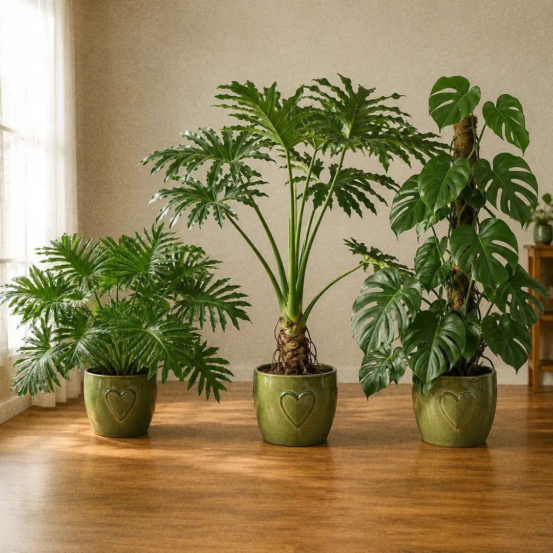 Three split-leaf aroids side by side on a wooden floor in matching green ceramic pots with heart motifs: a compact Hope Selloum with deeply lobed leaves, a full-size Tree Philodendron with longer petioles, and a Monstera Deliciosa with fenestrated holes in its leaves