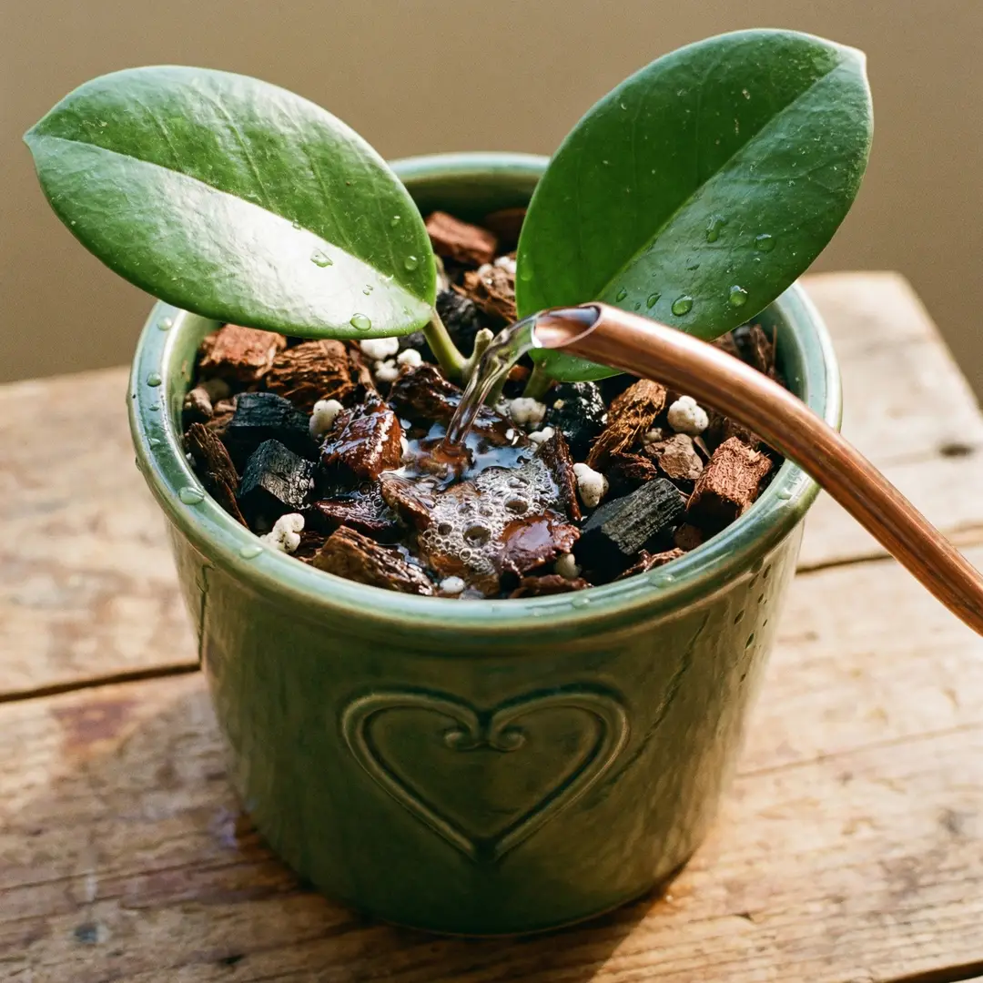 A Hoya Australis in a green ceramic pot with a heart motif being watered at soil level from a long-spouted can on a bright wooden surface, with glossy oval leaves visible above