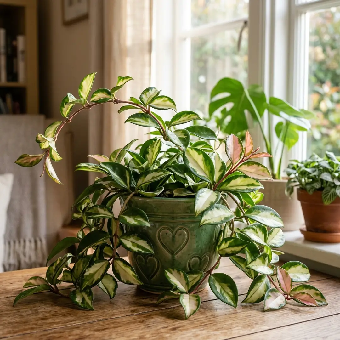 Ideal light conditions for Hoya Crimson Princess showing bright indirect east-facing placement