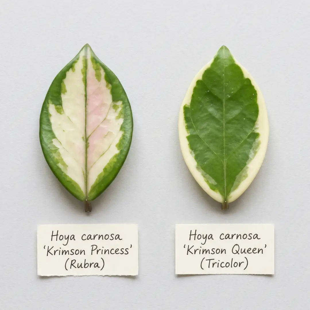 Side-by-side comparison of a Hoya Crimson Princess leaf with pale center and green edges next to a Hoya Crimson Queen leaf with pale edges and green center