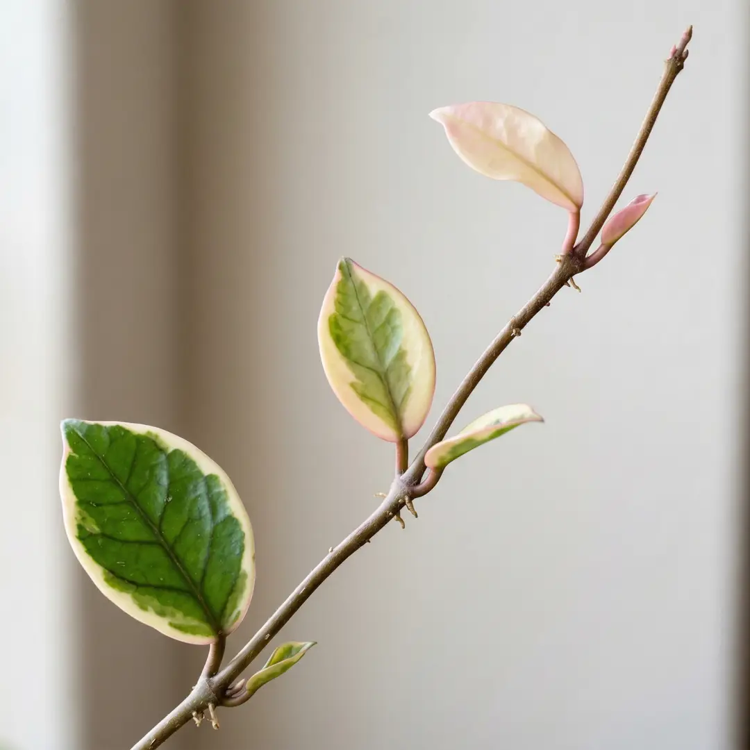 New Hoya Crimson Queen leaves emerging almost entirely pink before the green center develops