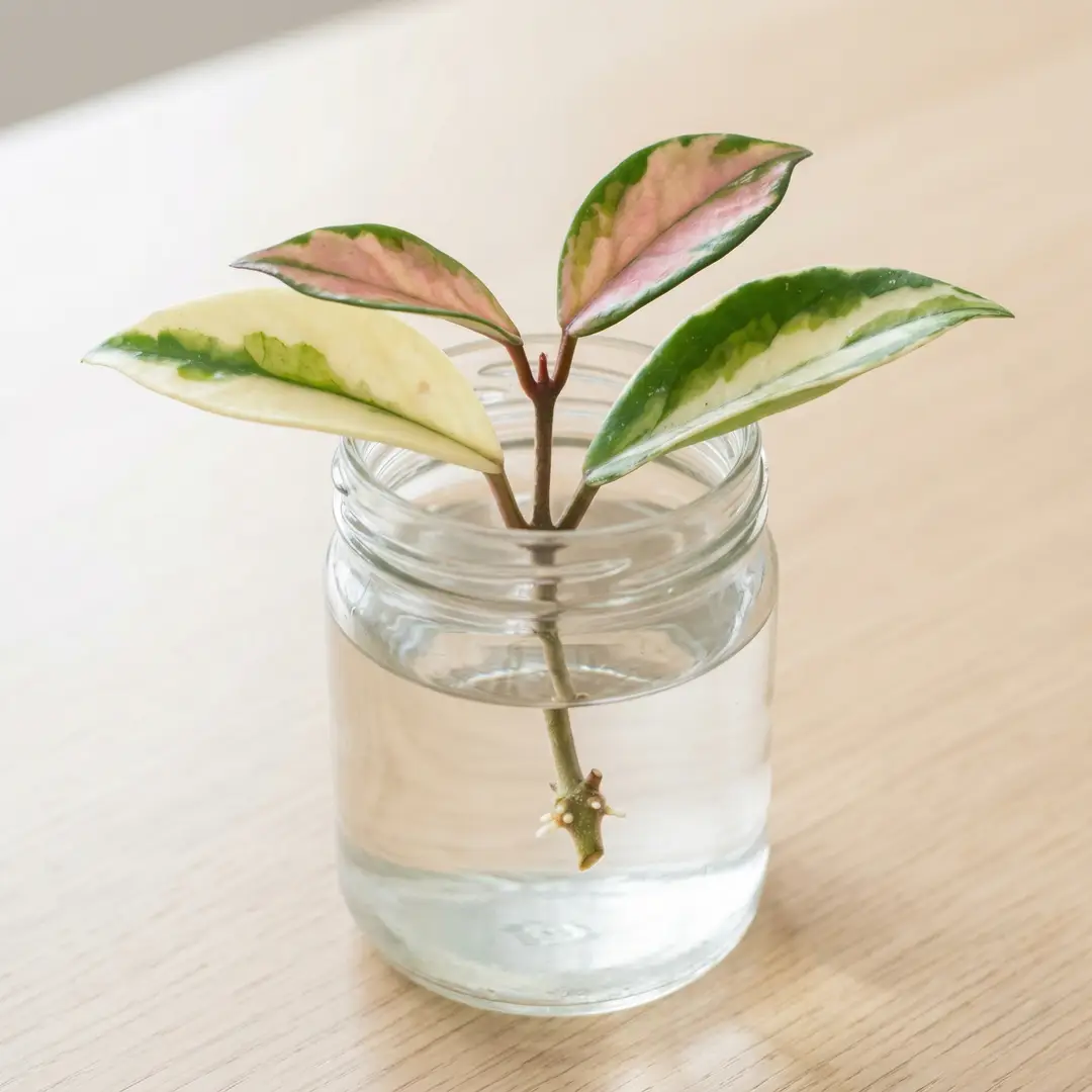 Hoya Crimson Queen stem cutting showing two nodes with the lower leaf removed, prepared for water propagation