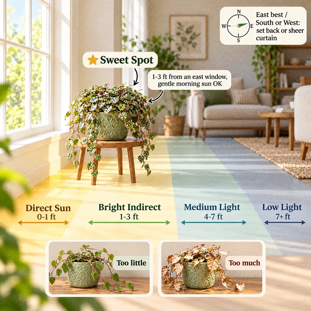 A labeled light guide diagram showing where to place a Hoya curtisii indoors beside an east-facing window, with direct sun, bright indirect, medium and low light zones marked and the sweet spot marked one to three feet from the glass