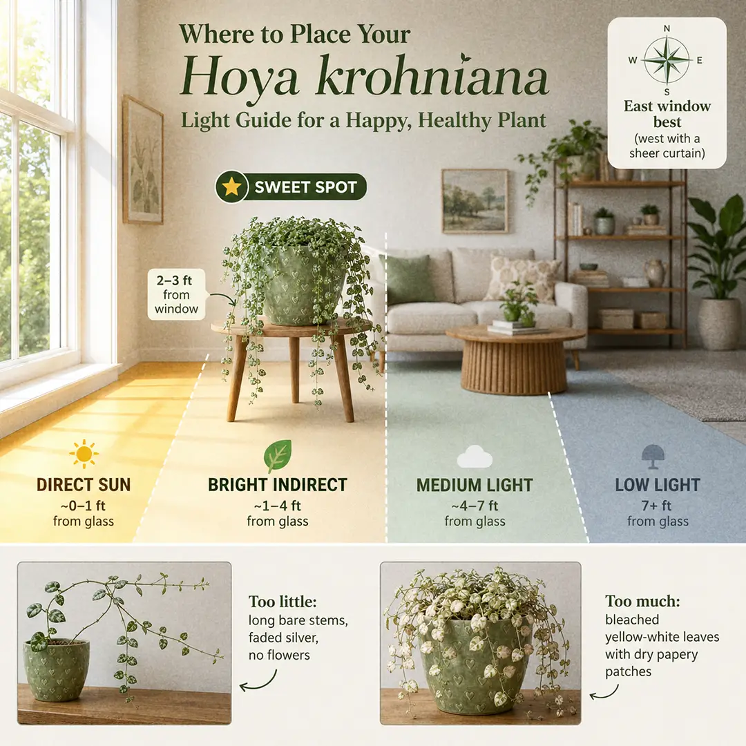 A labeled light guide diagram showing where to place a Hoya krohniana indoors relative to an east-facing window, with direct sun, bright indirect, medium and low light zones marked and the sweet spot highlighted about two feet from the glass