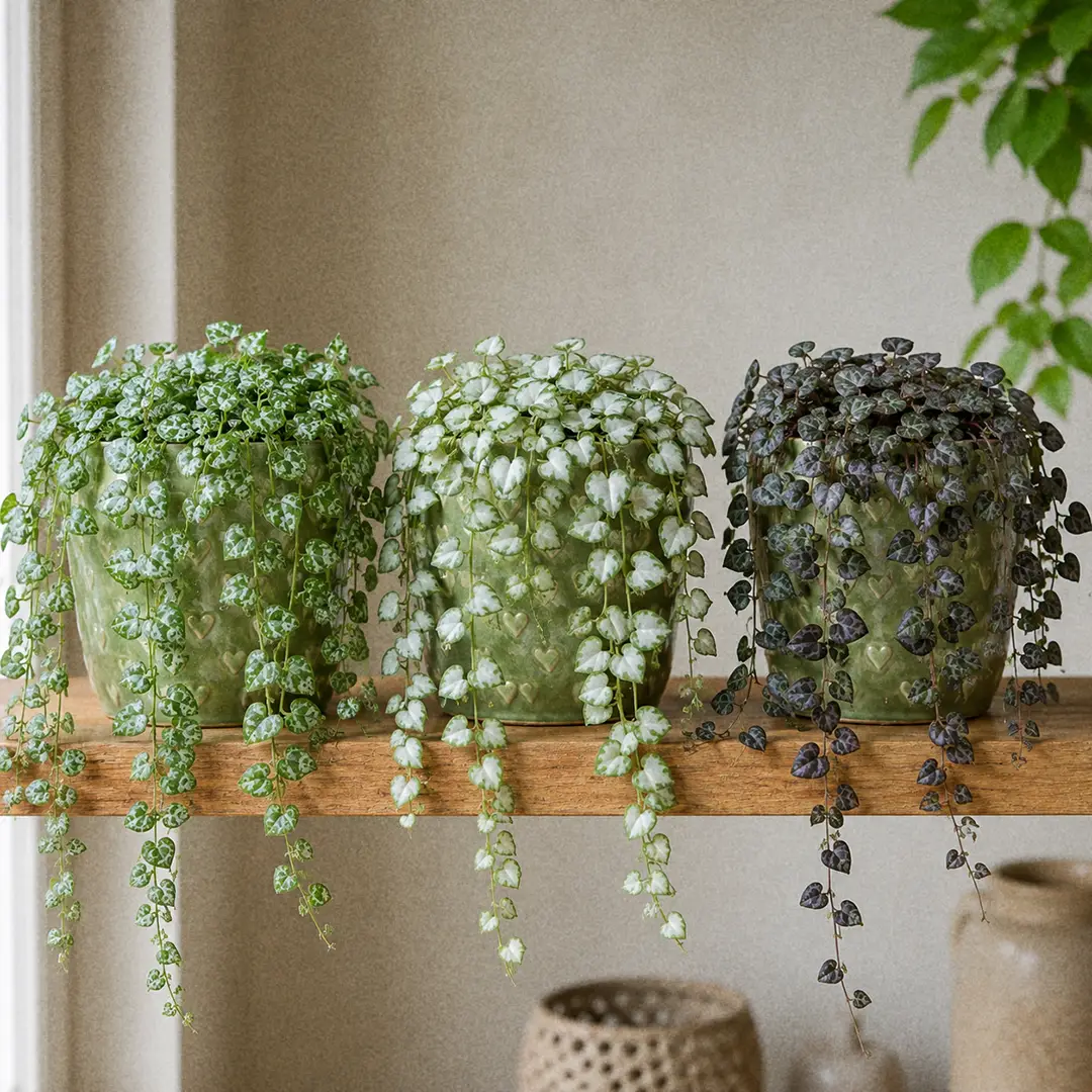 Three Hoya krohniana forms side by side on a wooden shelf in matching green ceramic pots with heart motifs: a heavily silver-splashed Eskimo, a near-solid silver Super Silver, and a dark blackish-olive Black Leaves form