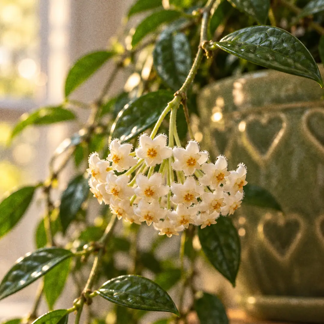 A macro close-up of a Hoya lacunosa flower cluster, a flattened umbel of about twenty tiny fuzzy white flowers with rolled-back petals and yellow centres, hanging on a thin stalk among small dark green dimpled leaves