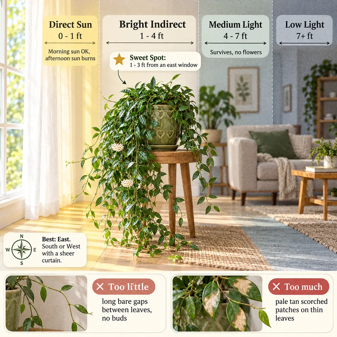 A labeled light guide diagram showing where to place a Hoya lacunosa indoors beside an east-facing window, with direct sun, bright indirect, medium and low light zones marked and the sweet spot marked one to three feet from the glass