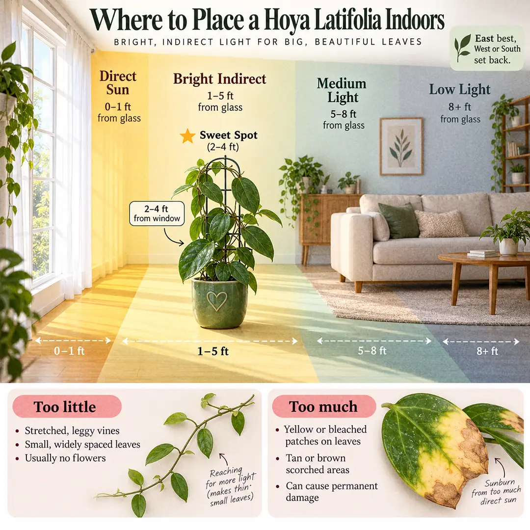 A labeled light guide diagram showing where to place a Hoya latifolia indoors near an east-facing window, with direct sun, bright indirect, medium and low light zones marked and the sweet spot two to four feet from the glass