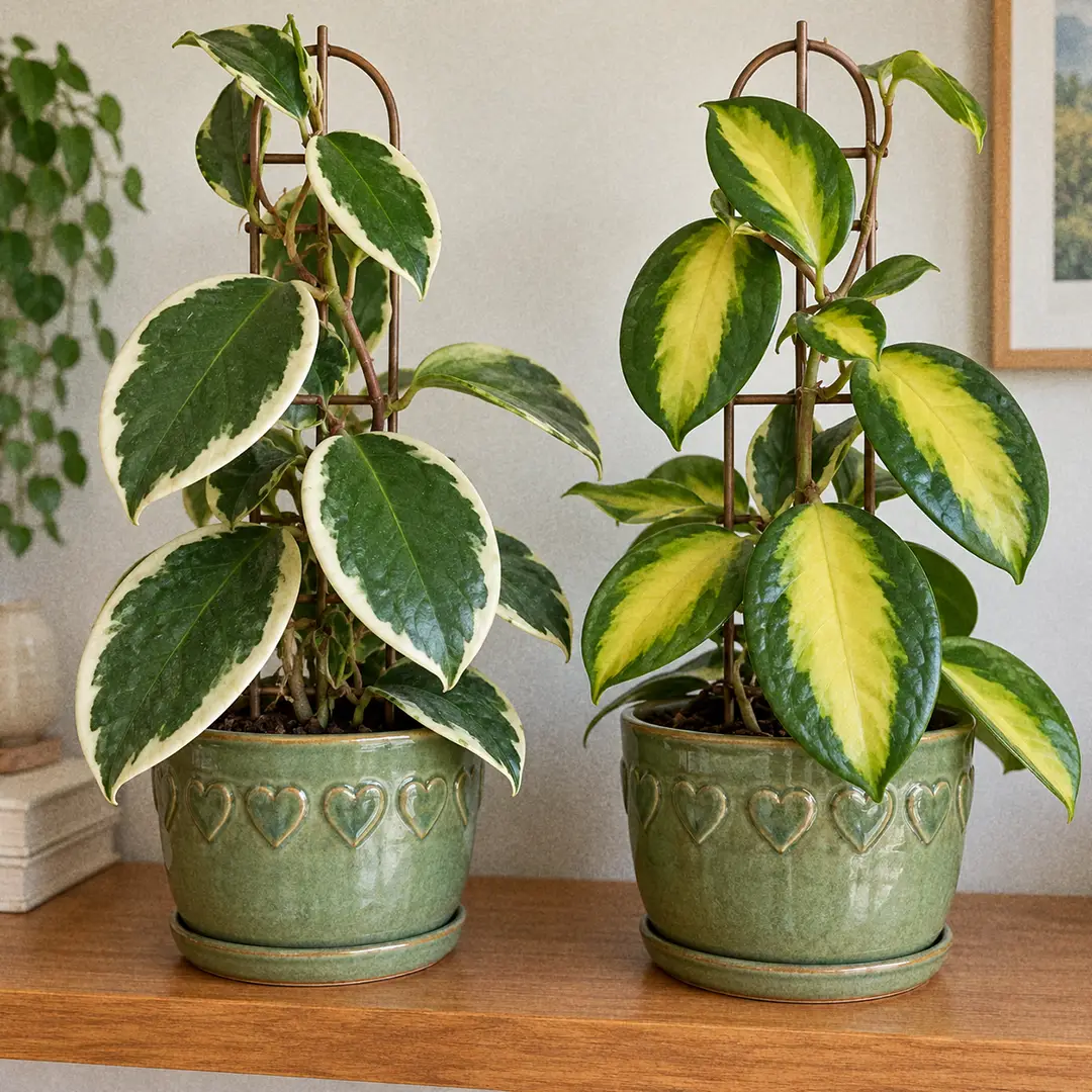A side-by-side comparison of two variegated Hoya latifolia plants in matching green ceramic pots with heart motifs, one with cream-white leaf edges and green centres, the other with golden yellow leaf centres and green edges