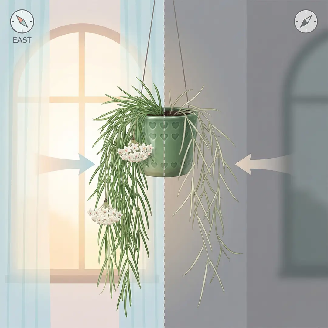 Ideal light conditions for Hoya Linearis: illustrated infographic showing the plant in bright indirect window light with healthy cascading needle-like green leaves and pendant white flower clusters on the left, and a dim corner with sparse, yellowing needle leaves and no flowers on the right, each in a green ceramic pot with heart motif