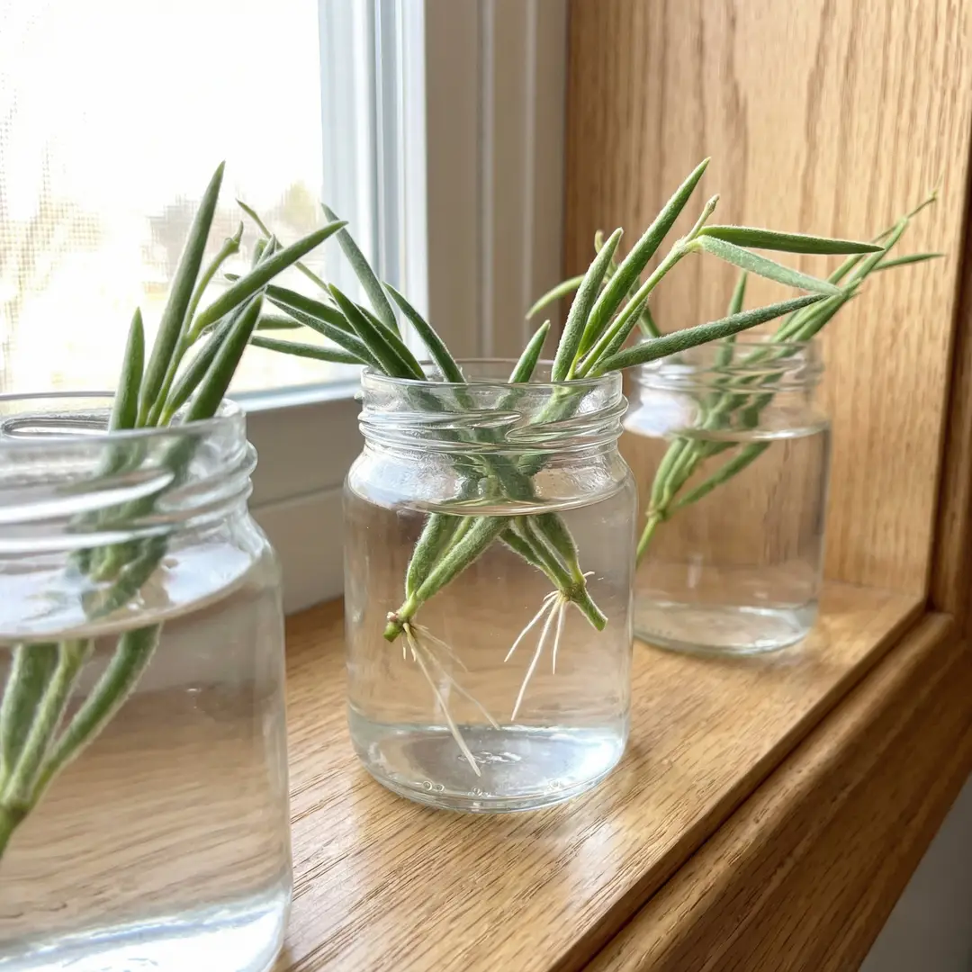 Three Hoya Linearis stem cuttings with short sections of needle-like fuzzy leaves rooting in small clear glass jars of water on a bright windowsill, one cutting showing thin white roots emerging from the submerged node, arranged on a light wooden surface with soft diffused window light