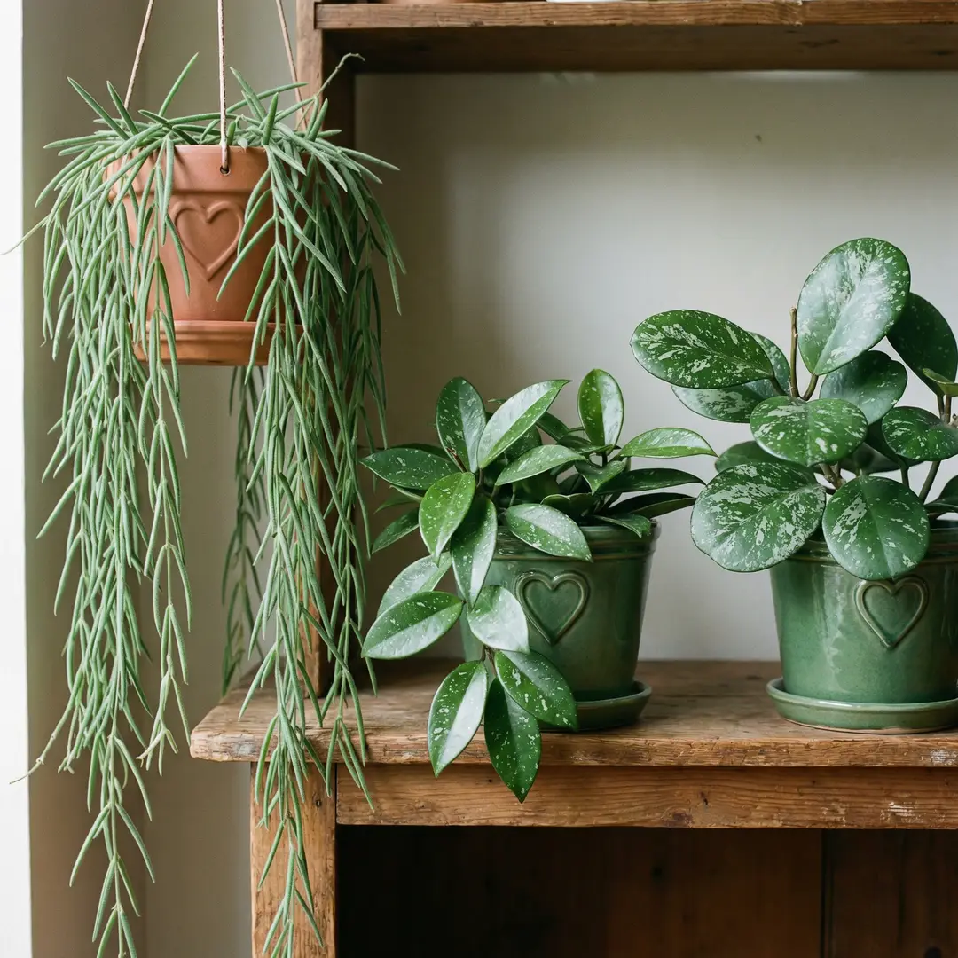Three plants displayed side by side on a warm wooden shelf for comparison: on the left, Hoya Linearis with long cascading strings of narrow fuzzy needle-like green leaves, in the center Hoya Carnosa with broad oval waxy silver-speckled leaves, and on the right Hoya Obovata with large rounded silver-splashed leaves, each in a green ceramic pot with a heart motif, clearly showing the dramatic contrast in leaf form across the hoya genus