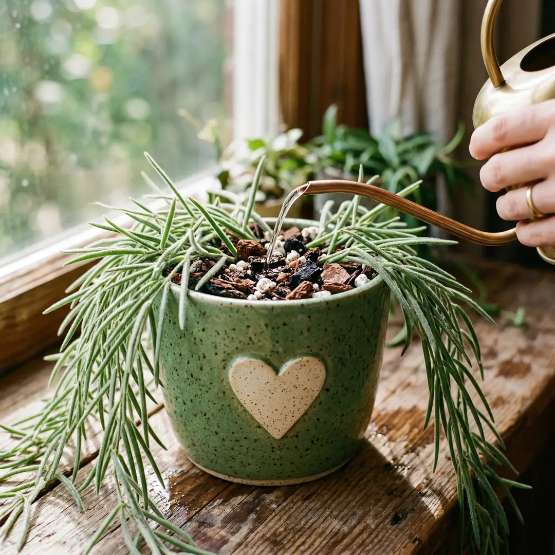 Hoya Linearis in a green ceramic pot with heart motif being watered at soil level from a long-spouted watering can, showing chunky epiphytic potting mix at the surface, with pendant strings of narrow fuzzy needle-like leaves cascading over the pot rim on a wooden surface in warm natural light